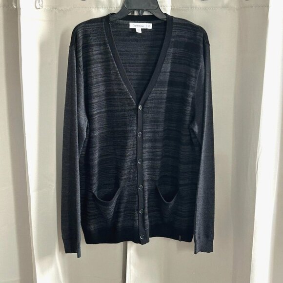 CAlvin Klein Mens Cardigan Sweater Large Gray Black Wool Blend Preppy 17132